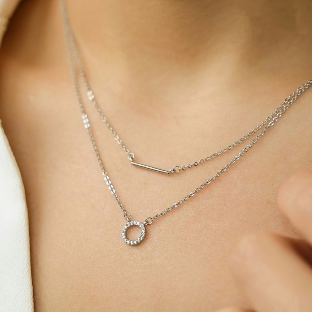 Zirconia Round Bar Dainty Layered Necklace| Sterling Silver Necklace - Picture 3 of 3